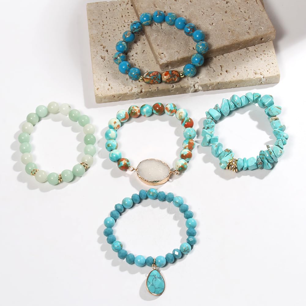 Yomisa 5PCS Natural Boho Beaded Bracelets for Women Men,Healing Turquoise Jasper Agate Crystal Gemstone Stone Diamond Chakra Multilayer Wrap Bohemian Handmade Jewelry Beads Stretch Bracelet Set