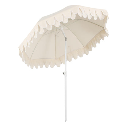 JONATHAN Y UMB1004C Horizon 6.5 ft. Classic MidCentury Scalloped Fringe Market Beach Umbrella with Push-Button Tilt, Wind Vent and UV Protection, and Matching Carry Bag in Cream/White, White Pole