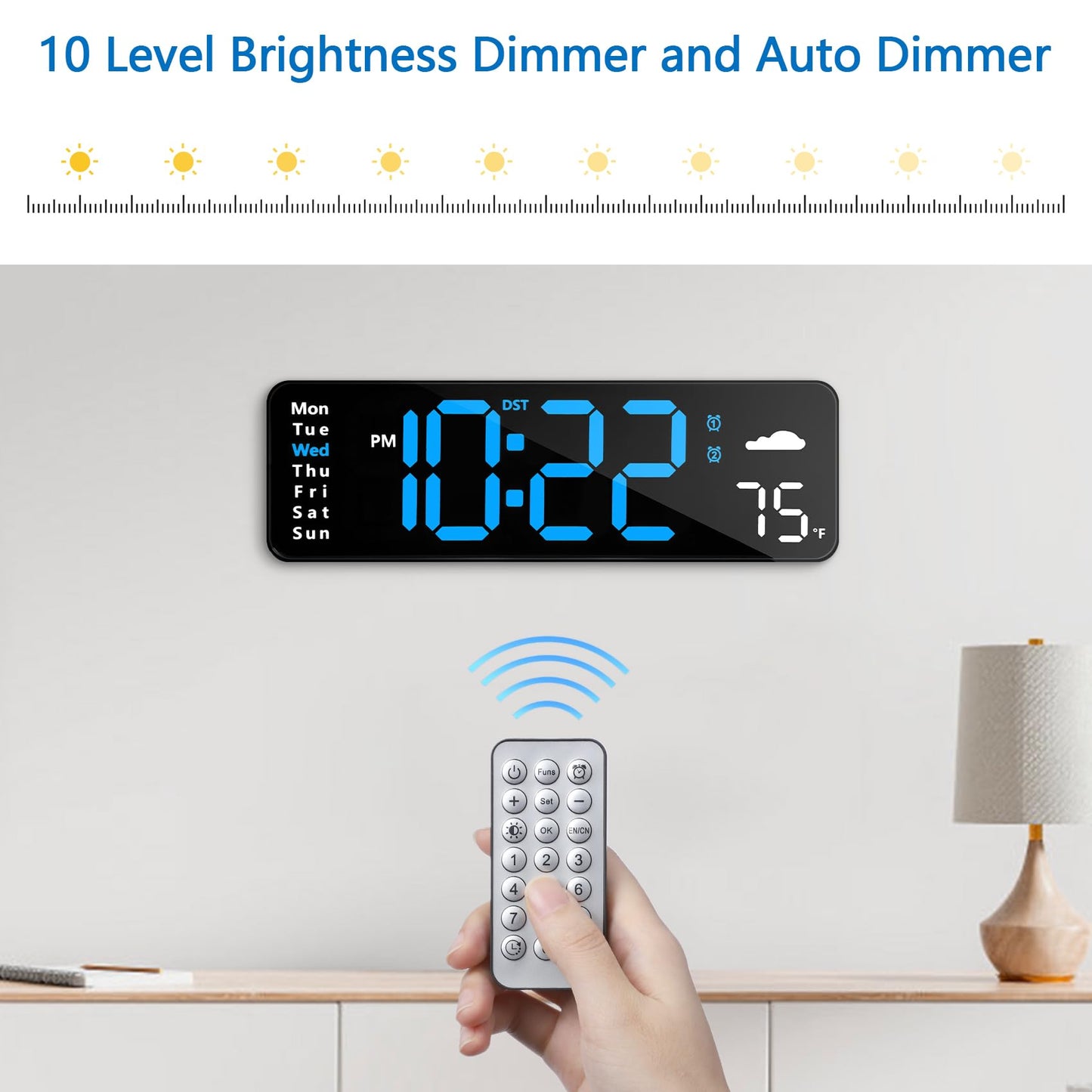 Digital Wall Clock with Remote Control, Large Display Plug in LED Digital Alarm Clocks with 12/24Hr, Date, Week, DST, Timing, Countdown, Temperature for Living Room, Bedroom, Office Wall Decor (Blue)