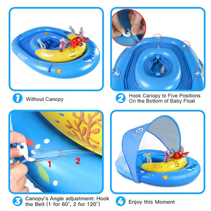 LAYCOL Baby Pool Float with Canopy UPF50+, 120°Adjustable Sun Protection and Anti-Tip Safety Seat, Inflatable Toddler Floaties Infant Pool Float with Animal Pool Toys, Baby Beach Essentials for 6-36M