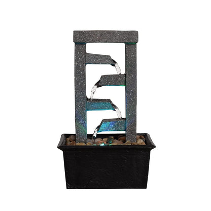 GOSSI 10" 4-Tier Tabletop Waterfall Fountain with Natural River Rocks, LED Lights, Resin Indoor Water Feature for Home Office Decor, Meditation Relaxation Gift