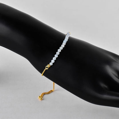 QNAVIC Natural Blue Aquamarine Gemstone Micro Beaded Dainty Slider Bolo Bracelet, Handmade Jewelry for women, Healing Chakra Crystals Birthstone Gift for Her, 14K Gold Plated Chain 6-9 inch