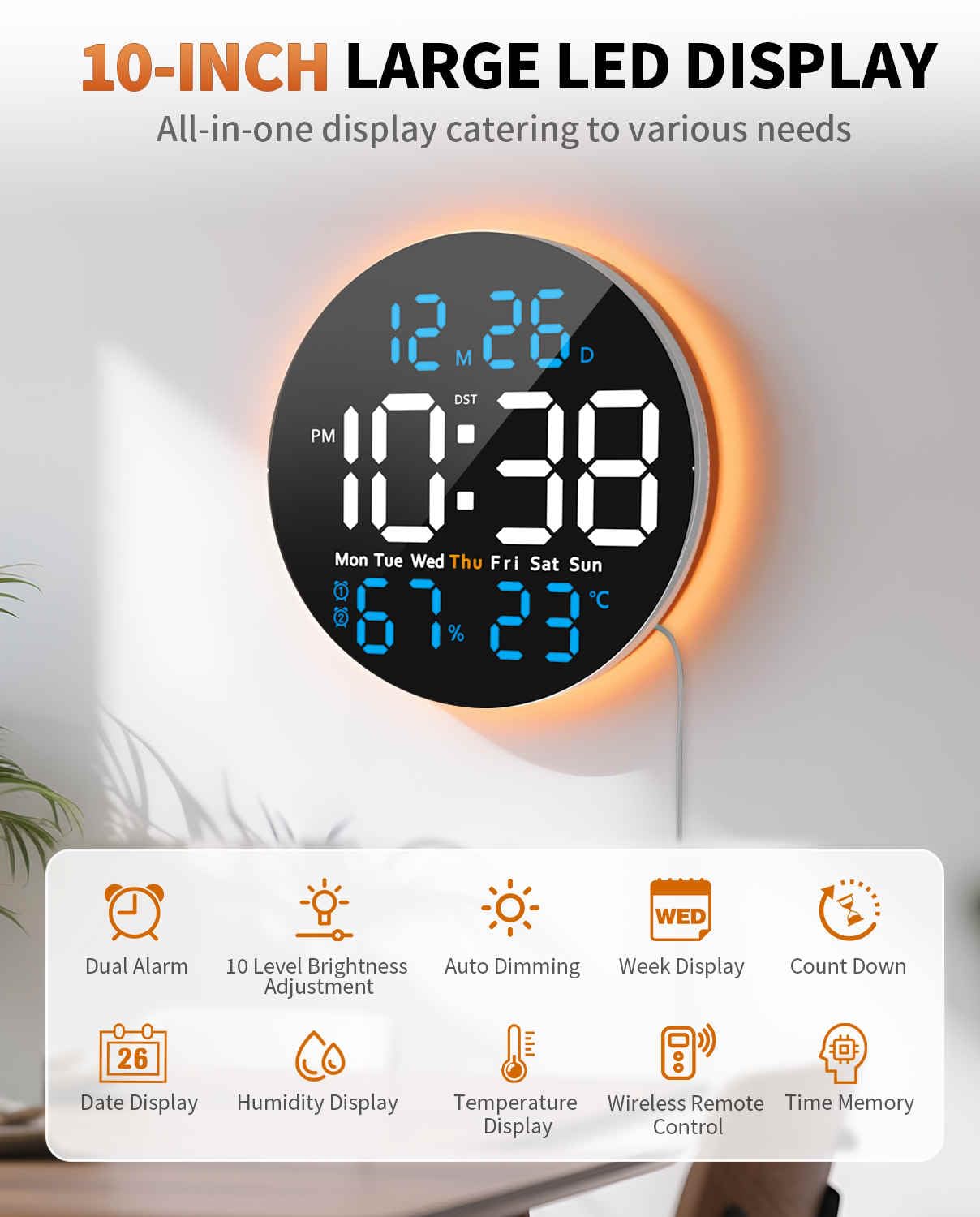 GLOKUUCA 10 Inch Large Digital Wall Clock with 9 Color Changing Remote Control, Date Week Temperature, Auto Brightness Dimmer Big Clock with Night Lights,Blue