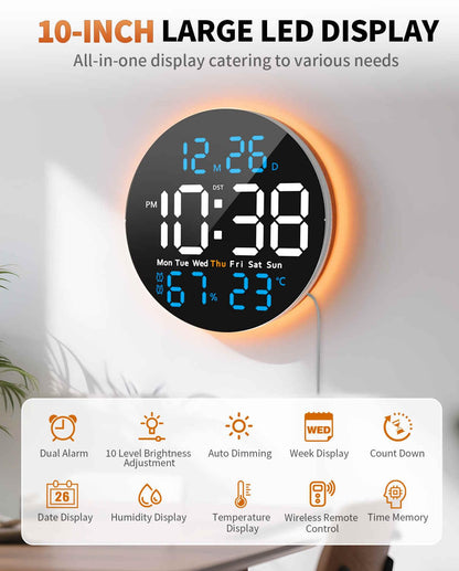 GLOKUUCA 10 Inch Large Digital Wall Clock with 9 Color Changing Remote Control, Date Week Temperature, Auto Brightness Dimmer Big Clock with Night Lights,Blue