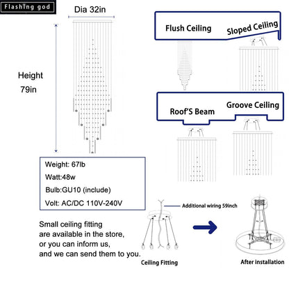 Flashing God D32''X H79'' Foyer Chandelier for High Ceilings,Square Crystal Raindrop Chandeliers,Large Chandelier for Entrance Foyer Villa,4 Tier Chandeliers