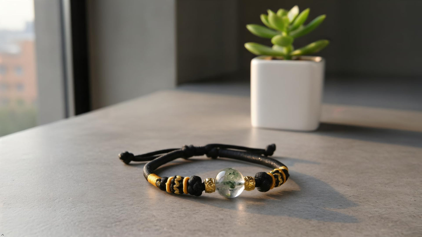 Chinese Style Fashion Natural Green Phantom Quartz (綠幽靈水晶) Bracelet for Men and Women, Adjustable Handmade Rope Lucky Gold Bead Jewelry, Healing Crystal Energy and Protection Gift, Feng Shui Inspired. The crystal is Green Phantom Quartz