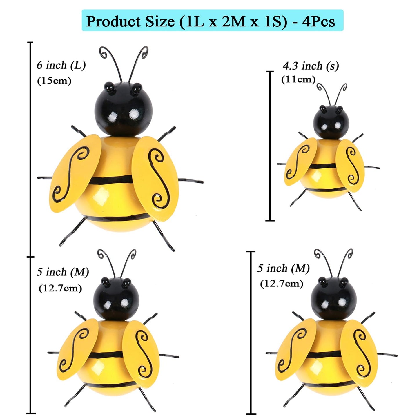 Miyolo Metal Bumble Bees Garden Outdoor Decor Honey Bee Yard Art Outside Patio Fence Home Wall Decorations (Set of 4)