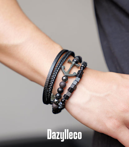 Dazylleco 3pc Mens Beaded Bracelets Silver Stainless Steel Chain Bracelet for Men Handmade Braided Bracelet Sets Jewelry Gifts for Men(89-Black Anchors)