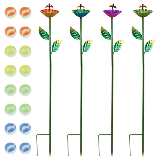 4Pack Bee Watering Station,Metal Bee Bath for Garden with16 Glass Marbles,Butterfly Watering Station for Outdoor Decor in Flower Design,Water Feeder to Attract Pollinators (Colorful,Size:60*8.1*8.1cm)