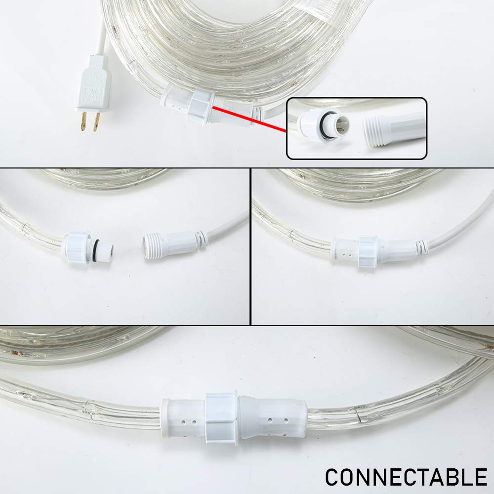 DINGFU 50ft 360 LED Waterproof Rope Lights, 110V Connectable Indoor Outdoor White Led Rope Lights for Outside, Deck, Patio, Pool, Camping, Bedroom Decor, Landscape Lighting and More (White)