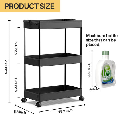 SPACEKEEPER Rolling Storage Cart 3 Tier Bathroom Cart Organizers with Wheels Laundry Room Organization Mobile Shelving Unit Utility Cart Storage Shelves Multi-Functional for Office, Home, Black