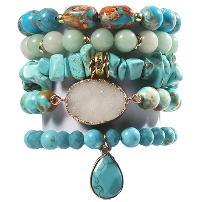 Yomisa 5PCS Natural Boho Beaded Bracelets for Women Men,Healing Turquoise Jasper Agate Crystal Gemstone Stone Diamond Chakra Multilayer Wrap Bohemian Handmade Jewelry Beads Stretch Bracelet Set