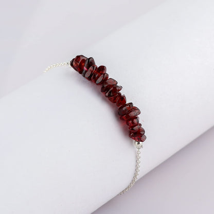 Gemimpression Handmade Red Garnet Chips Bar Bracelet – Natural Energy Healing Crystals – Silver Plated Adjustable 8 Inch Chain – Christmas Gift