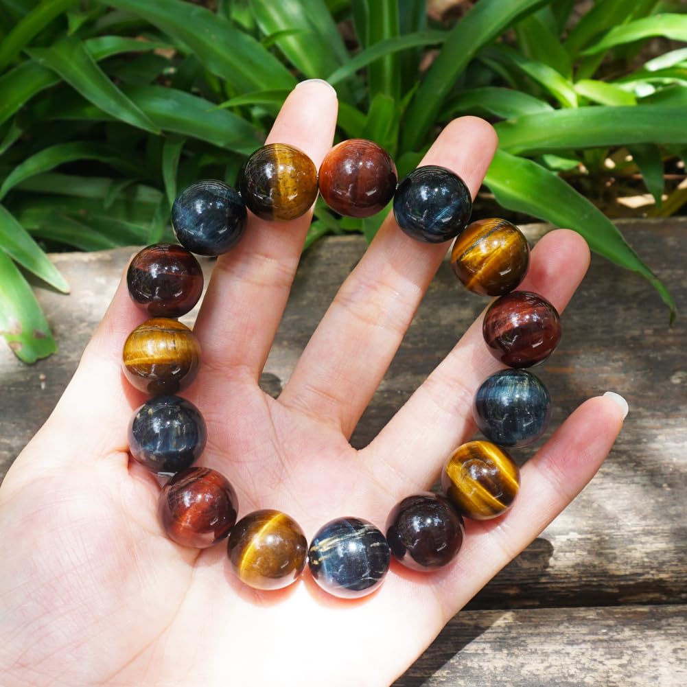 TaHLga Mixed Tigers Eye Mens Bracelet 16MM | Mixed Red Gold Blue | Fits for About 8" XLarge Wrist | Natural Solar Plexus Chakra Gemstones | Bring Luck Wealth Courage | Protection from Evil | Gift