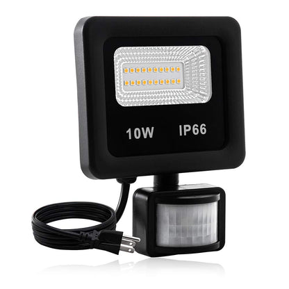 LEACOCO Motion Sensor Flood Light Outdoor,10W Security Light, IP66 Waterproof Outdoor Light,1000LM,3200K Motion Security Lights with Plug for Garage Yard Patio Pathway Porch Entryways (Warm White)