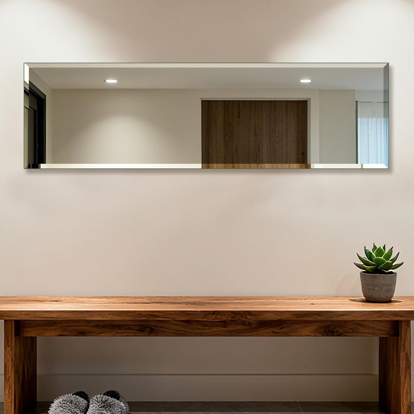 Ruomeng Frameless Full Length Mirror for Wall, 48x12 Inch Bathroom Vanity Mirror Farmhouse, Large Rectangle Mirror with Beveled Edge, Tempered Glass, Hangs Horizontally or Vertically