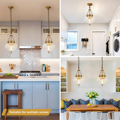 OIYIO Vintage Pendant Light - Brown Bronze Pendant Lights Kitchen Island with Floral Glass, Penant Lighting Fixtures with Adjustable Chain, Hanging Light Fixtures for Dining Room, Entryway