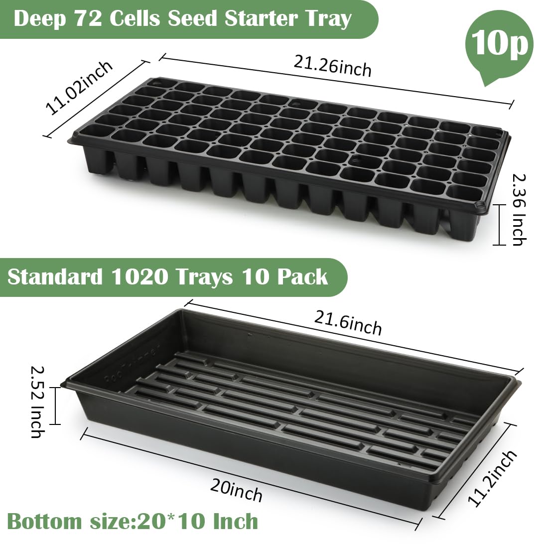 RooTrimmer 10 Pack 1020 Trays No Holes and 10 Pack 72 Cell Seed Starter Tray, 20" x 10" - Heavy Duty Reusable Plastic Seed Starter Kit for Microgreens, Seed Germination & Plant Propagation (10 Sets)