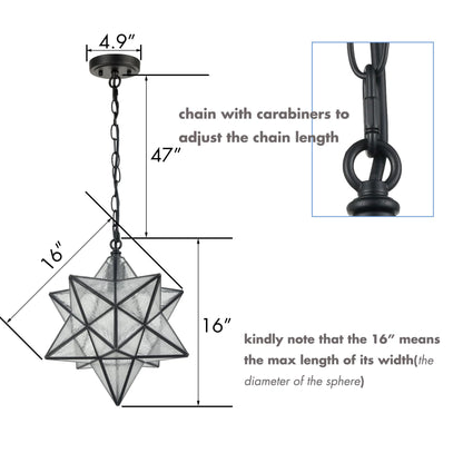 Modern Moravian Star Pendant Light Seeded Large Glass Hanging Lights with Adjustable Chain, 16'' Diameter Shade Lighting for Kitchen Porch Dining Foyer Bedroom