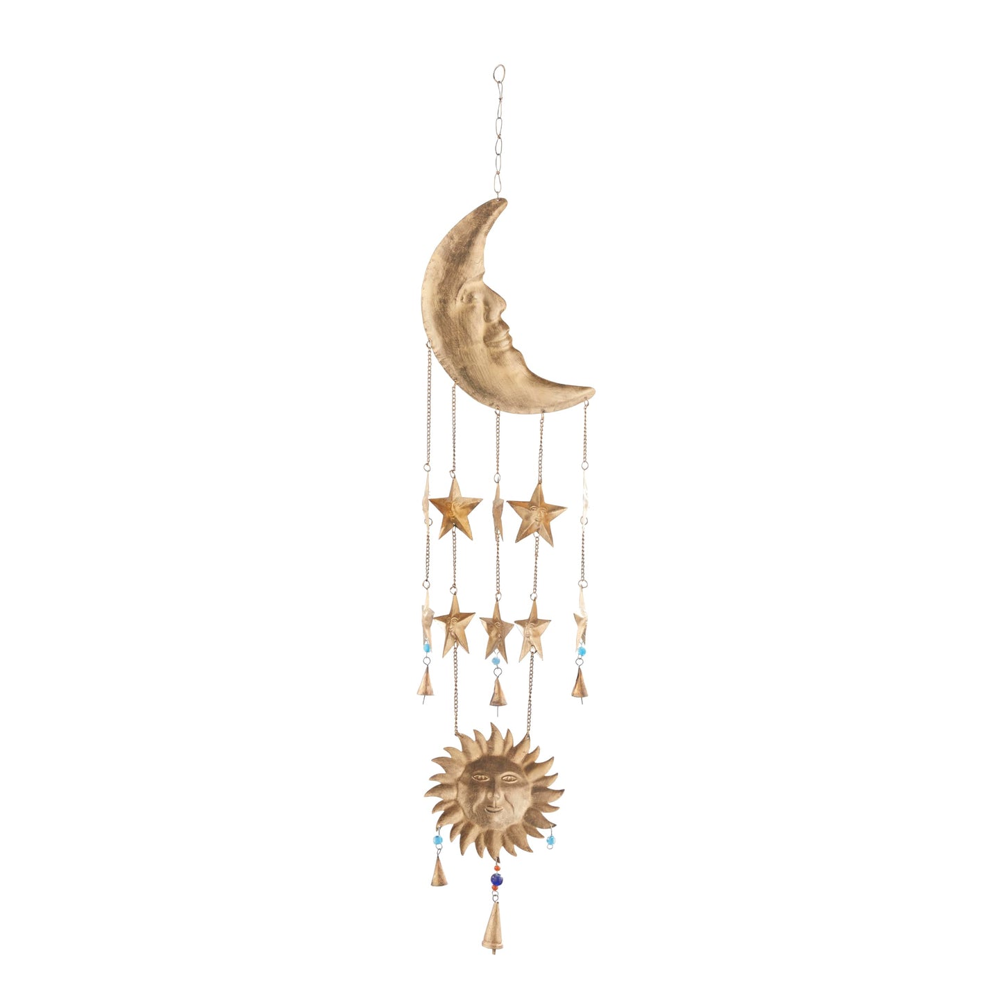Deco 79 Metal Sun and Moon Windchime with Glass Beads and Cone Bells, 9" x 1" x 39", Gold