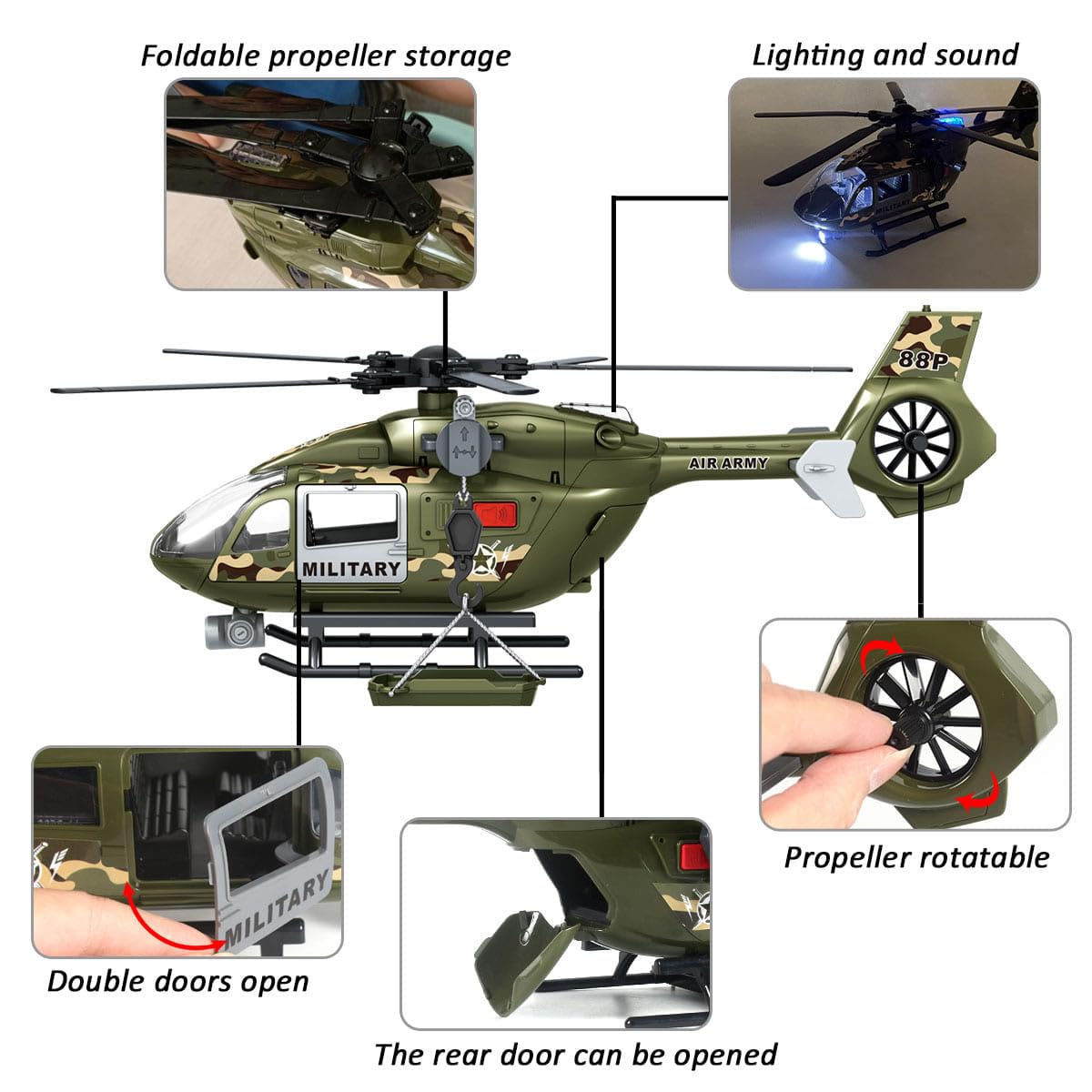 GreenToys Helicopter 15-in Military Airplane Toys for Kids with Hanging Basket Sounds and Lights for Boys Ages 3 4 5 6 7