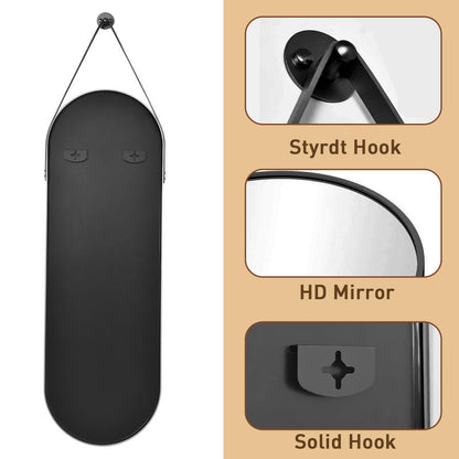 ZMYCZ Full Length Mirror, Oval Wall Mounted Mirror, 48"x16" Door Mirrors Full Length with Hanging Leather Strap with Aluminum Frame for Bathroom Living Room Entryway (Black)