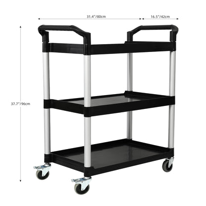 3-Tier Utility Rolling Cart with Wheels, Durable Catering carts with Wheels, Rolling Storage Cart for Hotel Canteen Resturant Office (Black, 31.4" D x 16.5" W x 37.7" H)