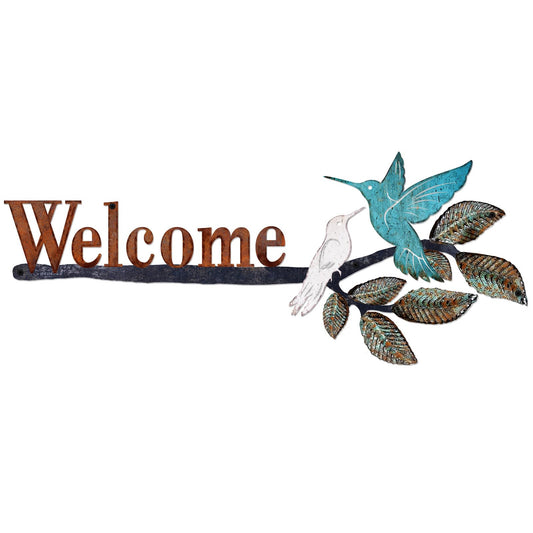MorningRo Birds on Branch Welcome Sign Metal Wall Art Hummingbirds Yard Decor Rusty Birds Decoration Hanging Outdoor Welcome Wall Sculpture for Home Balcony Patio Garden Yard, 24.55 x 10 Inch