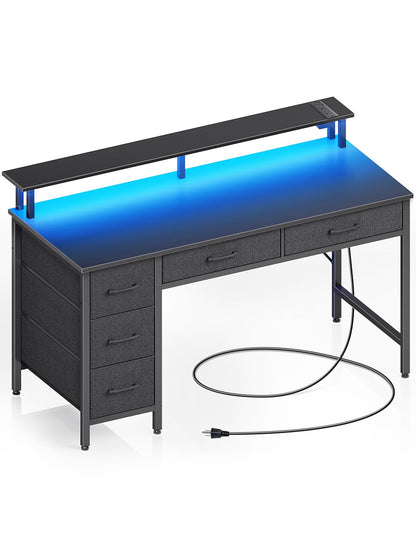 Seventable Computer Desk with Power Outlets & LED Light, 47 inch Home Office Desk with 5 Drawers, Writing Desk with Monitor Stand, Work Desk for Home Office, Black