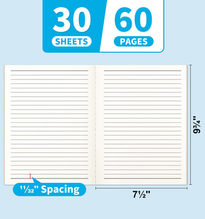 12 Pack Lined Notebook Journals Bulk, 7-1/2" x 9-3/4", Wide Ruled Paper, 30 Sheets/60 Pages, Kraft Cover with Rainbow Spines, 12 Colors Lined Composition Notebook Journal for Work Study Note Taking