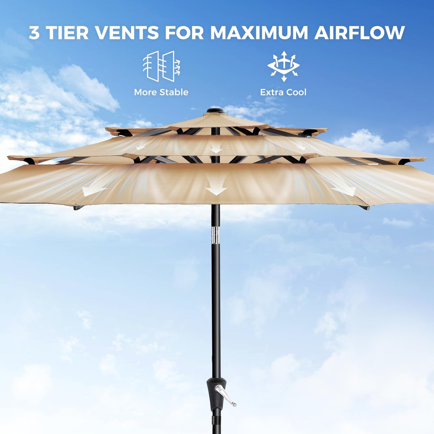 HOMSHADE 9FT 3-Tiers Outdoor Patio Umbrella with 5-Year Fade Resistant,Vented Outdoor Commercial Market Umbrella with UPF50+ UV Protection & Push Button Tilt and Crank for Pool,Backyard(Beige)