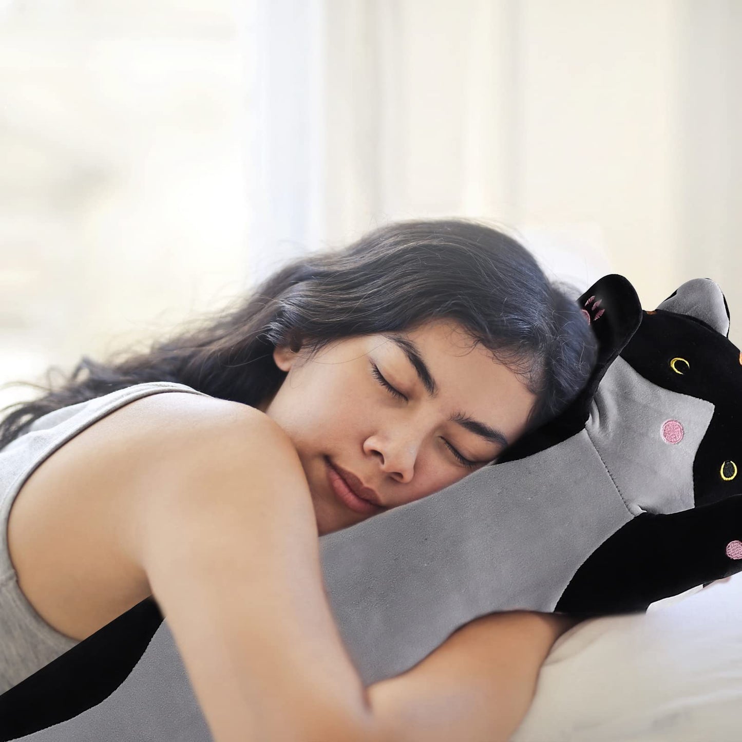 shangman Lovely Plush Cat Doll Cute Cartoon Soft Stuffed Kitten Pillow Long Throw Sleeping Pillow Doll Toy Valentines Day Gift for Kids Girlfriend (Black, 130cm/51.1in)