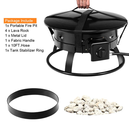 Giantex Portable Propane Fire Pit, 19" Outdoor Firepit, 58,000BTU Fire Bowl w/Cover & Carry Kit,Lava Rock Stone & Tank Stabilizer Ring, Gas Fire Pit for Outside Camping,Patio, Backyard, Black