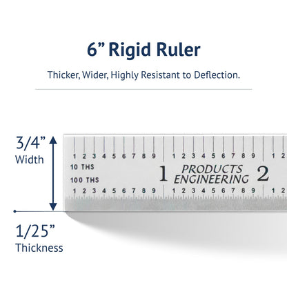 PEC Tools 6"/150mm Rigid Metal Ruler, Satin Chrome Carbon Steel Machinist Rule, Decimal & Metric Graduation (1/10", 1/100", 0.5mm, 1mm), Fully Hardened and Tempered, Made in USA