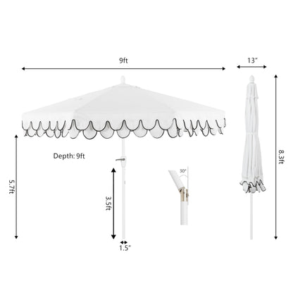 JONATHAN Y UMB1002D Tracy 9 ft. Classic MidCentury Scalloped Fringe Market Patio Umbrella with Auto-Tilt, Crank, Wind Vent and UV Protection in White/Black