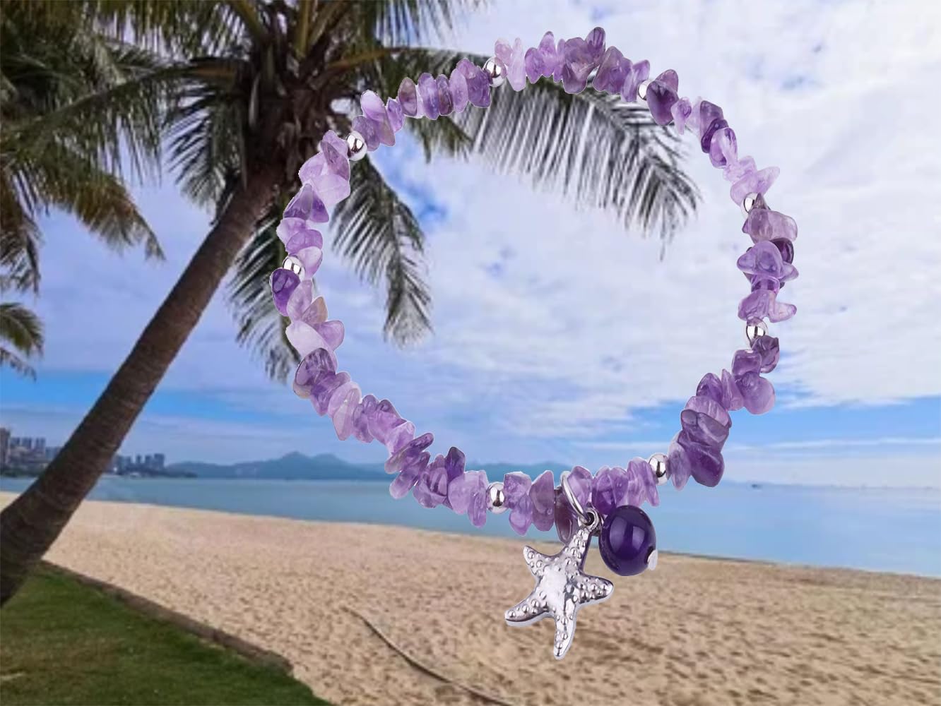 AZFEIYA Healing Stone Amethyst Anklets Bracelets Handmade Boho Anklet Bracelet Summer Jewelry Starfish Anklets Chakra Beach Foot Jewelry Gift for Her (Amethyst)