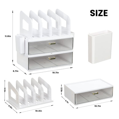 LALOBLUE White Acrylic Desk Organizer with Drawer & File Holder, Stackable Modular Storage System, Multi-Layer Desktop Organizer, Space Saving Desk Organizer for Home Office & Study