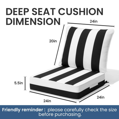 CRESTLIVE 5.5" Thick Deep Seat Patio Chair Cushions 24x24 Set of 2, Waterproof Outdoor Replacement Cushions for Wicker Sofa and Couch, Fade Resistant, Black White Striped