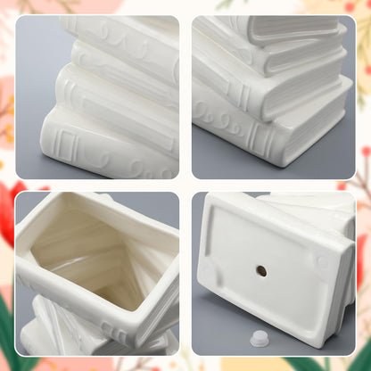 Solsew Ceramic Book Shaped Vase for Flowers 7" x 5.9" x 4.1" Small Ceramic Book-Shaped Vase Cute Bookshelf Decor Flowerpot for Book Lovers Gift Home Office Bookshelf Dining Table Decor(White)