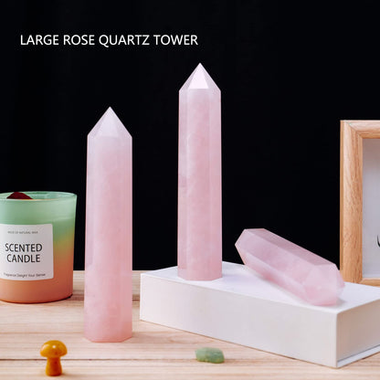 Apengshi Large Rose Quartz Natural Healing Crystal Tower 5.9"-6.3" 6 Faceted Single Point Love Energy Charger Crystal Wand Stone Meditation Home Decor Collection Gift