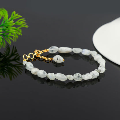 Gemimpression Handmade Bracelet – Natural Rainbow Moonstone With Black Tumble Beads – Emotional Healing & Protection – 14K Gold Plated Adjustable Chain – Dainty 8 Inch – Perfect Gift for Her