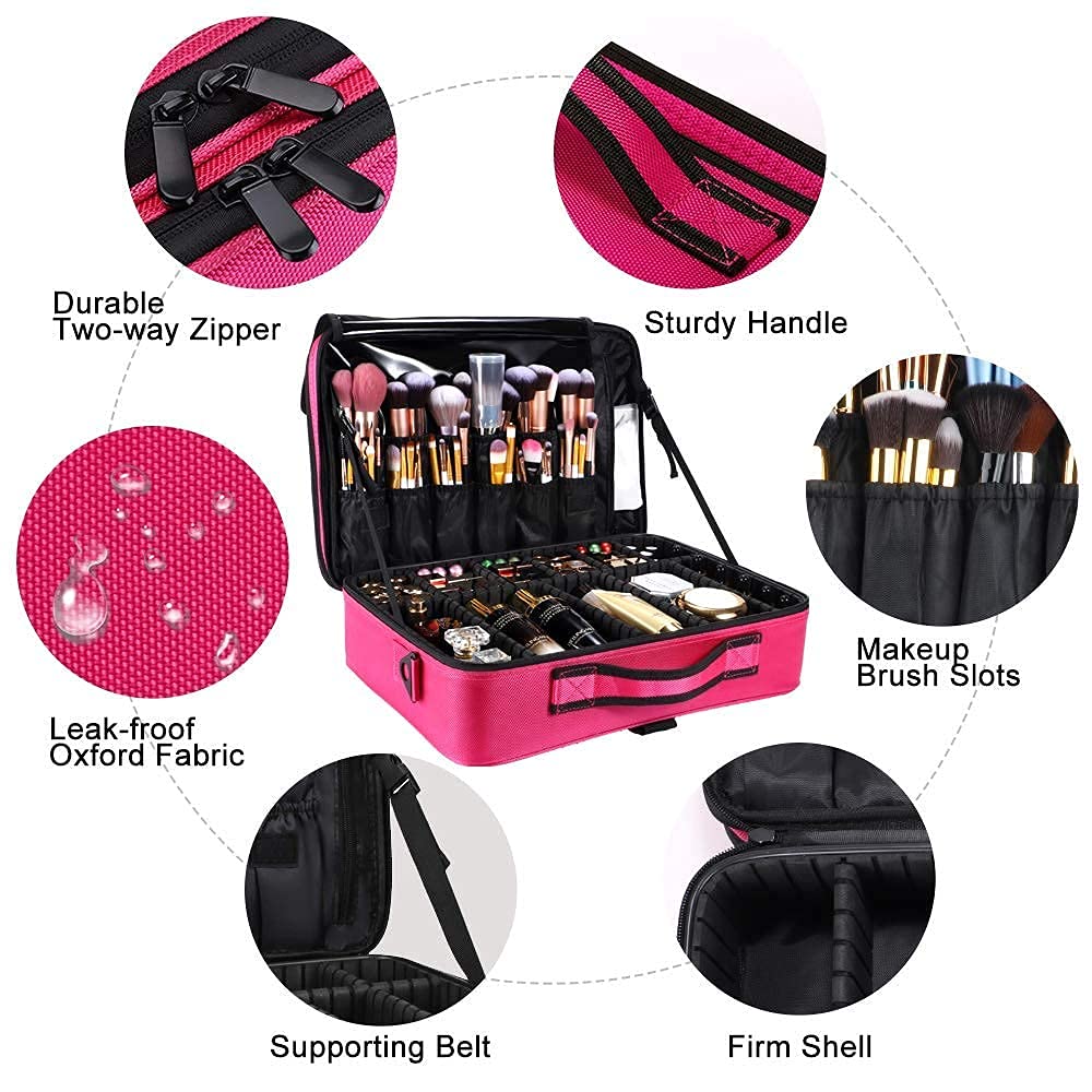 gzcz Large Capacity 16.5 inches Professional Travel Makeup Train Case Portable Artist Cosmetic Brush Organizer Storage Bag With Adjustable Dividers And Shoulder Strap for Toiletry Jewelry （Rose Red）
