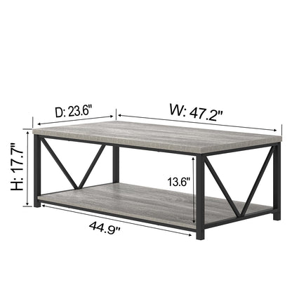 FOLUBAN Coffee Table, Modern Rectangle Living Room Table with Storage Shelf, Rustic Wood and Metal Center Table, Light Grey, 47 Inch