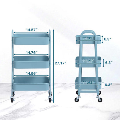 AGTEK 3 Tier Utility Rolling Cart with Lockable Wheels, Metal Multifunctional Storage, Organizer Cart for Kitchen, Office, Living Room, Makeup, Craft, Art Studio, Light Blue