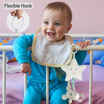 Blublu Park Baby Hanging Musical Toy With Music Box, Lullaby Pull Sensory for Babies Boys and Girls, Clip On Infant Pram Pushchair Cribs Strollers Car Seats, Star