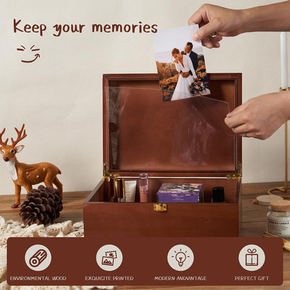 Larger Wooden Memory Keepsake Box with Hinged Lid & 8x10 Photo Frame Inside Lid – Decorative Storage Box With a Hinge Lids for Pictures, Letters & Time Capsule – Wooden Gift Box, 5.3” x 8.6” x 11.7”