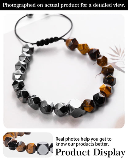Beaded Bracelet for Men, 10mm Natural Stones Bracelet for Men's Gift, Adjustable Precision-Cut Gemstone Crystal Healing Bracelet, Protection Jewelry Gift with Hematite, Tiger Eye (Tiger Eye & Hematite)