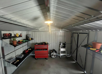 KEIKI 12x10 FT Metal Garden Shed with Window & Storage Shelves, Outdoor Storage House, Apex Roof Ventilated Utility Shed with Hinged Door for Backyard Tool Organization, Lock Included, Black
