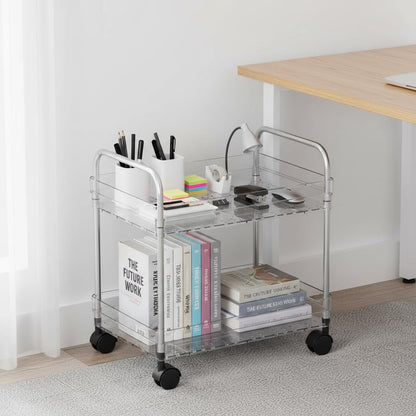 2 Tier Utility Rolling Cart with Wheels Multifunctional Storage Cart Under Desk Storage Organizer with Handle and Hooks for Home Kitchen Office Bathroom Organization Transparent