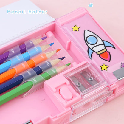 LilyBeauty Pop Up Multifunction Pencil Case for Girls and Boys, Cute Cartoon Pen Box Organizer Stationery with Sharpener, Schedule, School Supplies, Best Birthday Gifts for Kids【Pink-Dream Planet】